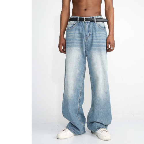 Korean Style Men's Relaxed and Versatile Essential Blue Straight Wide-Leg Jeans
