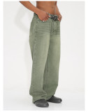 Korean-style Loose-fitting washed Mid-waist Retro Green Frayed Edge Jeans for Men and Women