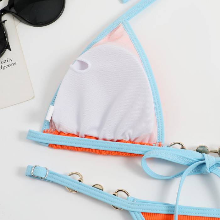 Solid and Multicolored Straps with Edging Sexy Triangle Bottom Swimsuit