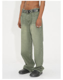 Korean-style Loose-fitting washed Mid-waist Retro Green Frayed Edge Jeans for Men and Women