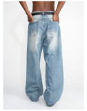 Korean Style Men's Relaxed and Versatile Essential Blue Straight Wide-Leg Jeans