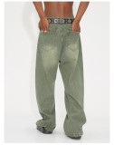 Korean-style Loose-fitting washed Mid-waist Retro Green Frayed Edge Jeans for Men and Women