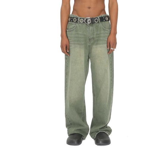 Korean-style Loose-fitting washed Mid-waist Retro Green Frayed Edge Jeans for Men and Women