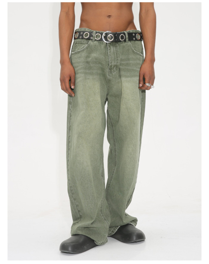 Korean-style Loose-fitting washed Mid-waist Retro Green Frayed Edge Jeans for Men and Women