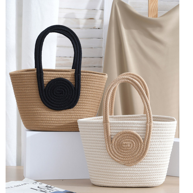 Color Blocking and Cotton Rope Handles Minimalist Woven Handbag