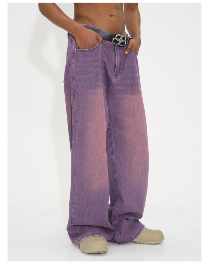 Vintage Faded Gradient Purple Wide-Leg Denim Pants for Men and Women