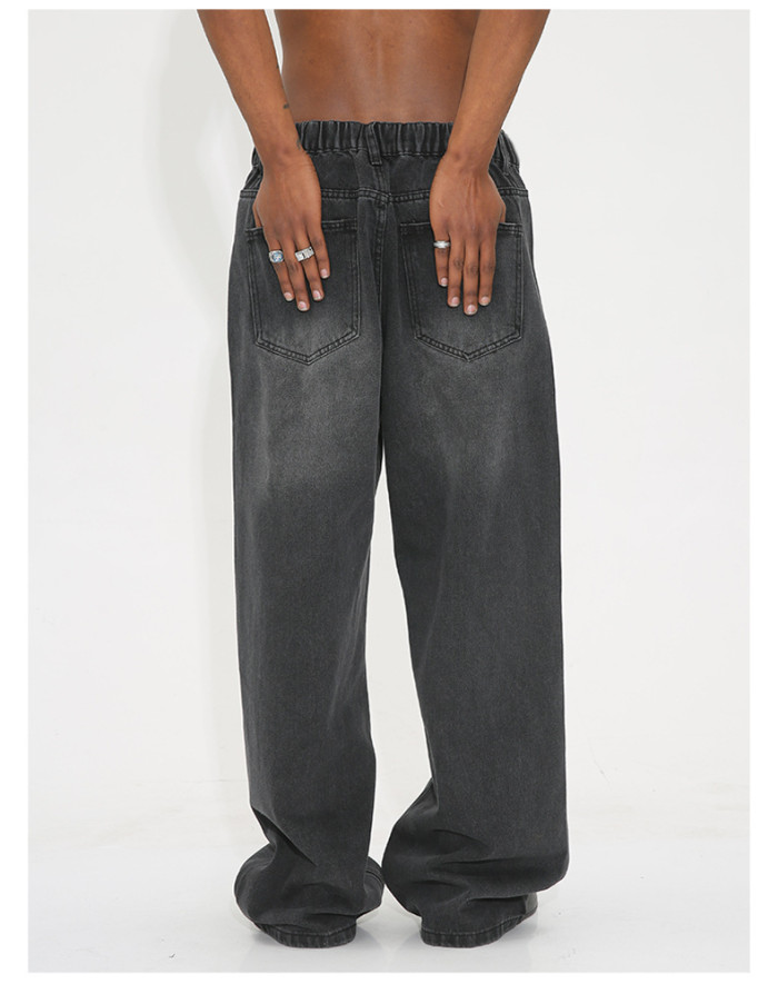 Relaxed Straight-Leg Versatile Men's Denim Pants with Elastic Waistband