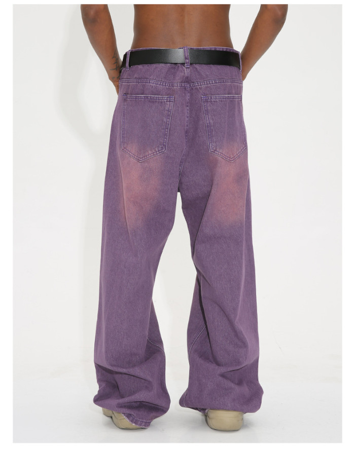 Vintage Faded Gradient Purple Wide-Leg Denim Pants for Men and Women