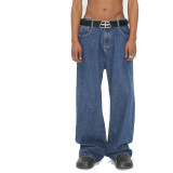 Relaxed Straight-Leg Versatile Men's Denim Pants with Elastic Waistband