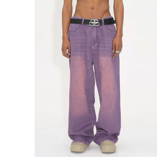 Vintage Faded Gradient Purple Wide-Leg Denim Pants for Men and Women