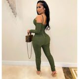 Sexy Strap Ruched Bodycon Jumpsuit with Gloves