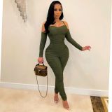 Sexy Strap Ruched Bodycon Jumpsuit with Gloves