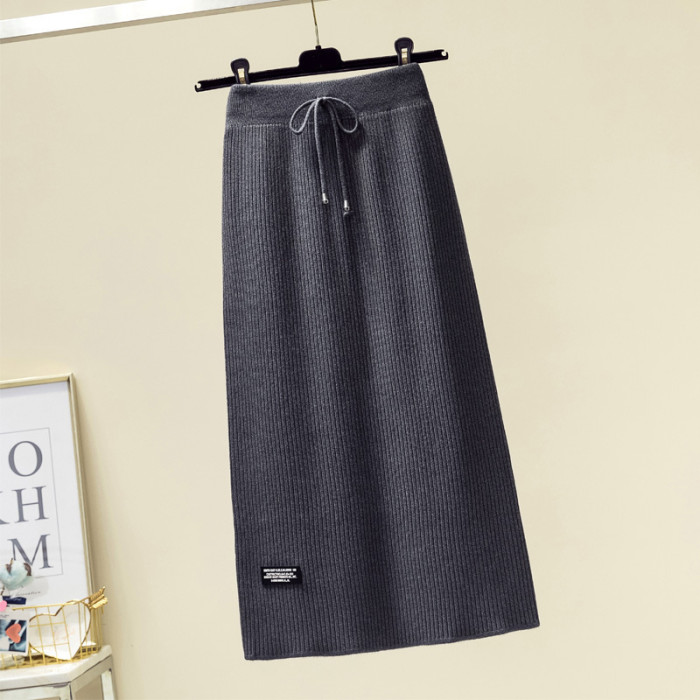 Belted Knitted Design Back-Slit Pencil Skirt