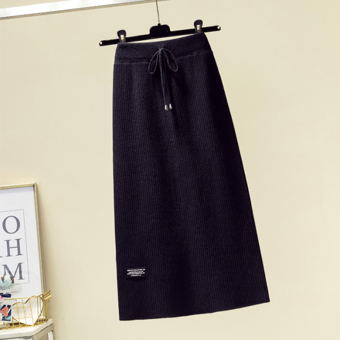 Belted Knitted Design Back-Slit Pencil Skirt
