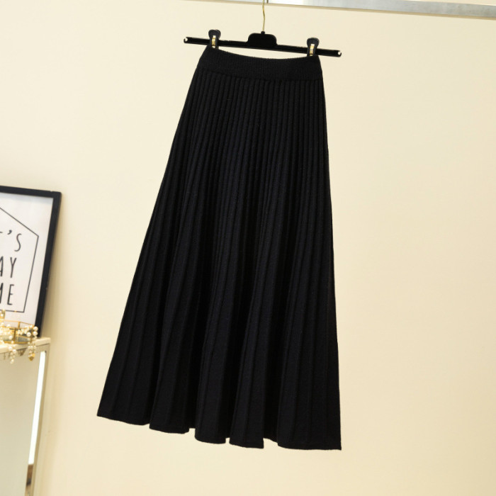Thickened Knitted Pleated Midi Skirt for Women