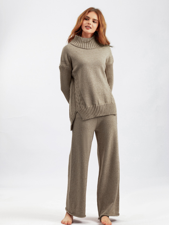 Casual and Chic Turtleneck Sweater Set with Wide Leg Pants for Women
