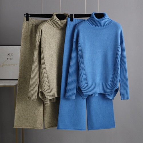 Casual and Chic Turtleneck Sweater Set with Wide Leg Pants for Women