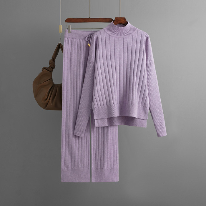 Knit Half-High Collar Sweater Set Solid Color Loose Warm Pullover Two-Piece Set