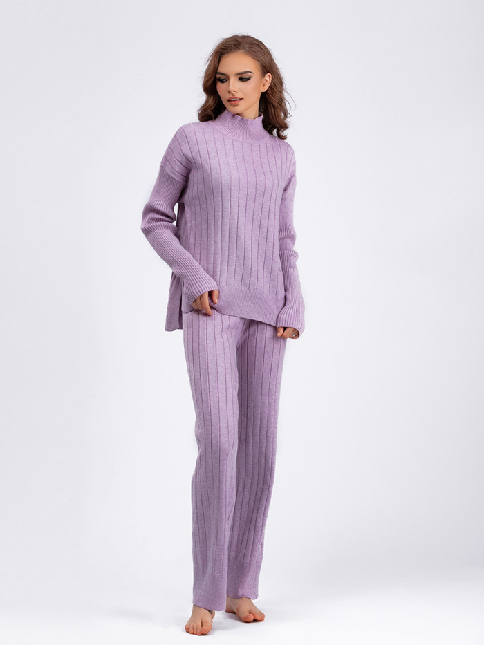 Knit Half-High Collar Sweater Set Solid Color Loose Warm Pullover Two-Piece Set