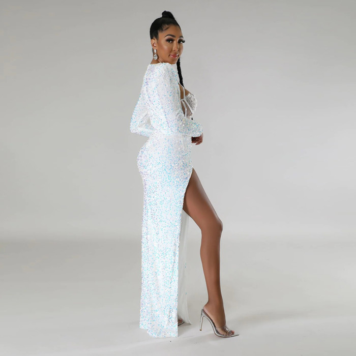 Women Solid Sequin Sexy Bodysuit and Slit Dress Two-piece Set