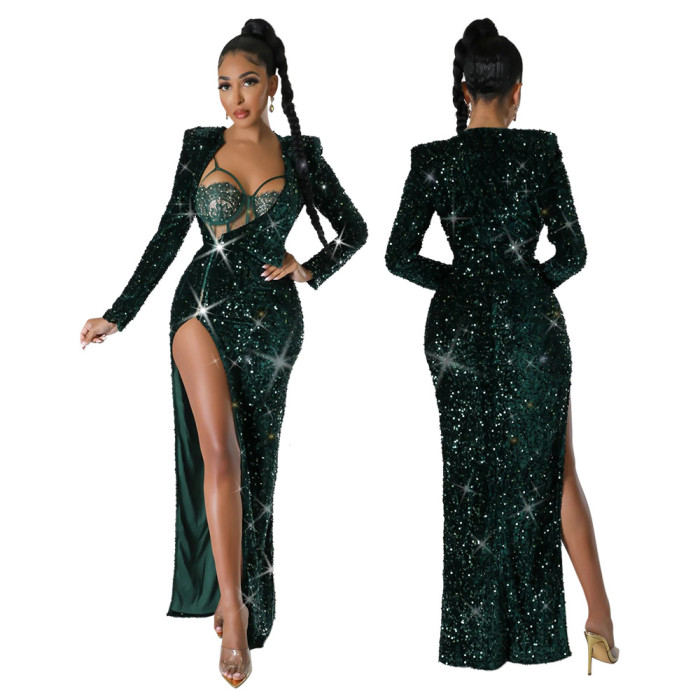 Women Solid Sequin Sexy Bodysuit and Slit Dress Two-piece Set