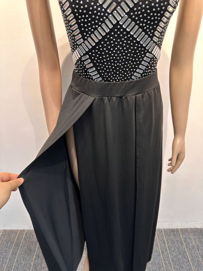 Sparkling Diamond Mesh Sheer Backless Stretch Two-Piece Dress