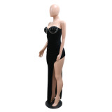 Women's Sexy Strapless High Slit Solid Color Beaded Dress