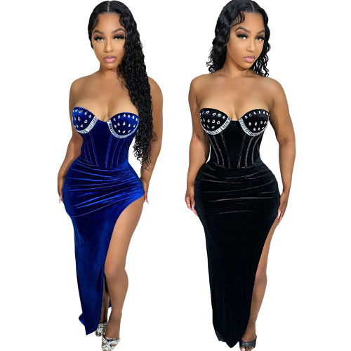 Women's Sexy Strapless High Slit Solid Color Beaded Dress