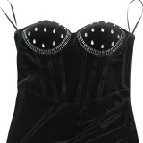 Women's Sexy Strapless High Slit Solid Color Beaded Dress