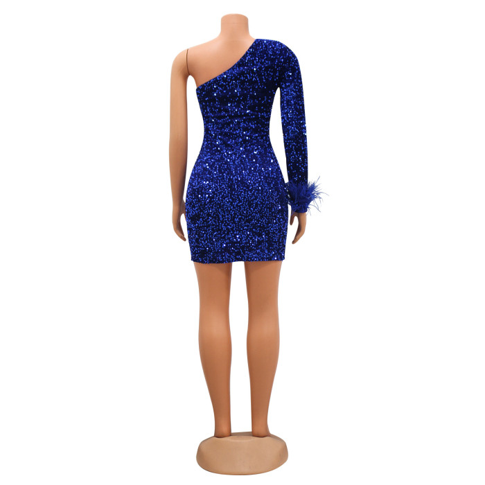 Women's Sexy Tight Fitting Sequin Slash Shoulder Feather Sleeves Bodycon Dress