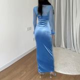 Plush Mesh Nightclub Style Hollow Out Bodycon Maxi Dress