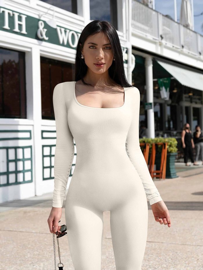 Double-Layer Seamless Bodysuit with Chest Pad Long Sleeve Women's Jumpsuit for Yoga Sports
