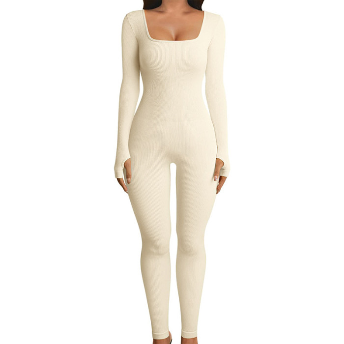 Double-Layer Seamless Bodysuit with Chest Pad Long Sleeve Women's Jumpsuit for Yoga Sports