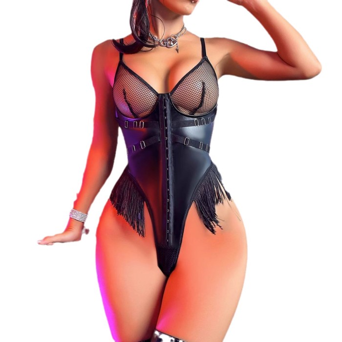 Seductive Women's Tight-Fit Patent Leather Bodysuit with Sheer Panels and Zipper