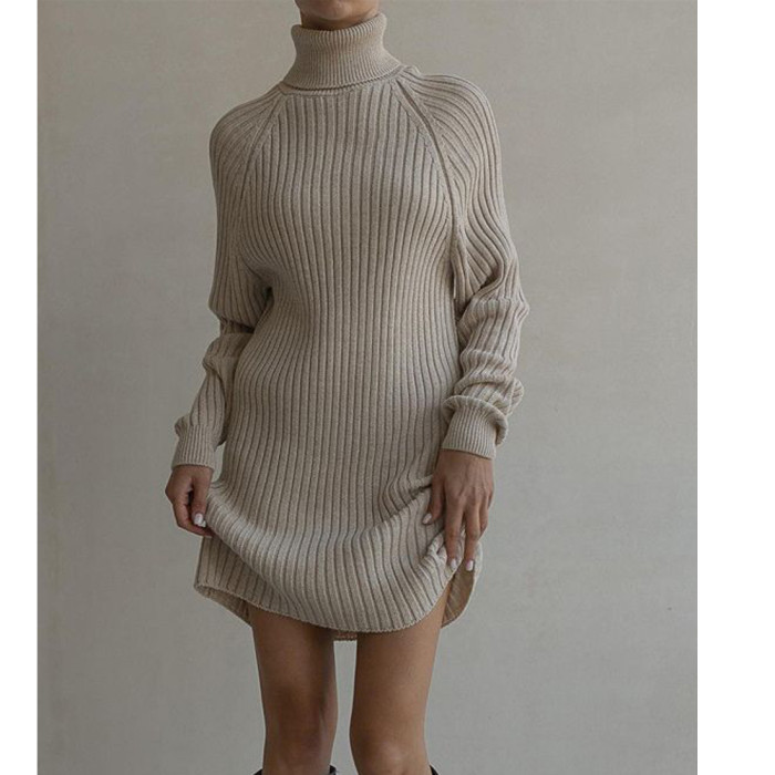 Women's Casual Wear Cozy Long Sleeves and High Neck Thick Knit Sweater Dress  by ihoov