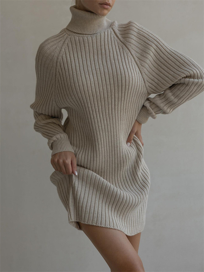 Women's Casual Wear Cozy Long Sleeves and High Neck Thick Knit Sweater Dress  by ihoov