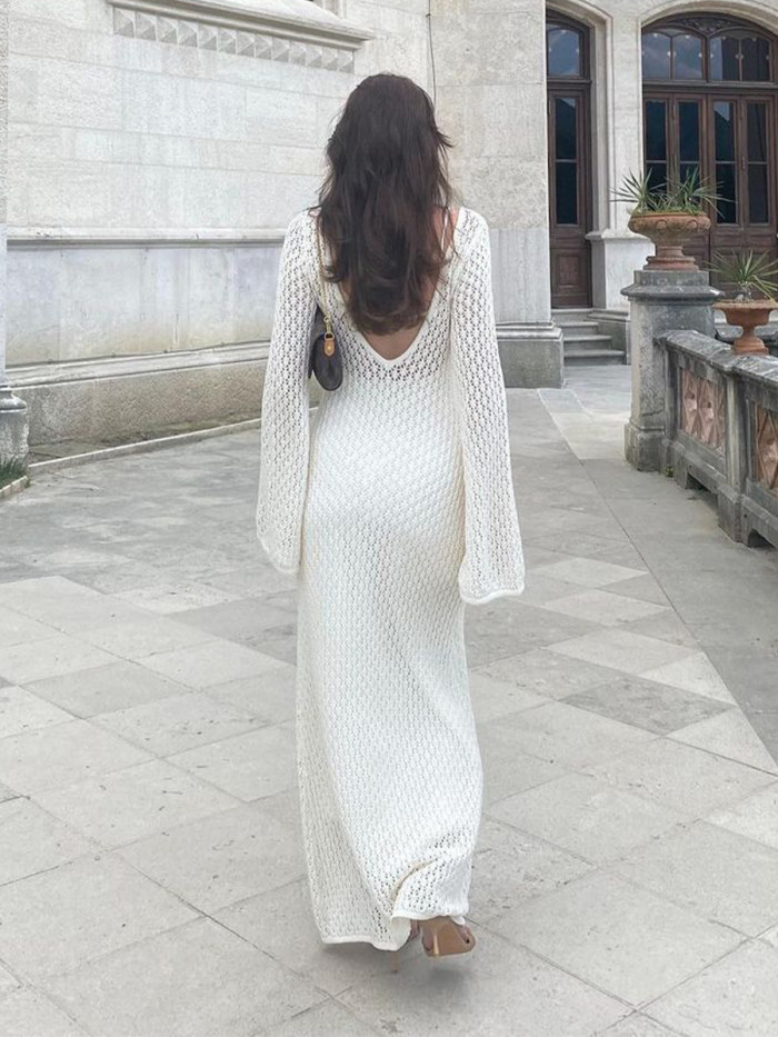 Seductive V-Neck Hollow Out and Long Sleeves Knitted Bodycon Dress