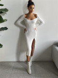 Sweetheart V-Neck Long Sleeve Midi Sweater Dress Tight-Fitting Sexy Ribbed Knit Dress
