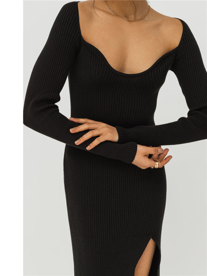 Sweetheart V-Neck Long Sleeve Midi Sweater Dress Tight-Fitting Sexy Ribbed Knit Dress