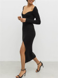Sweetheart V-Neck Long Sleeve Midi Sweater Dress Tight-Fitting Sexy Ribbed Knit Dress