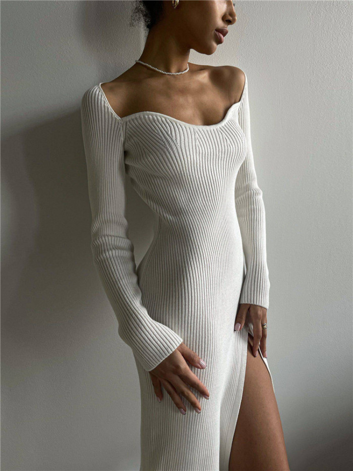 Sweetheart V-Neck Long Sleeve Midi Sweater Dress Tight-Fitting Sexy Ribbed Knit Dress