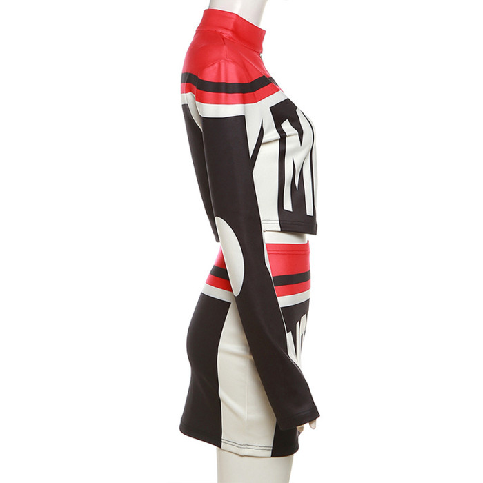 Color-Clashing Printed Top with High-Waisted Figure-Hugging Mini Skirt Set