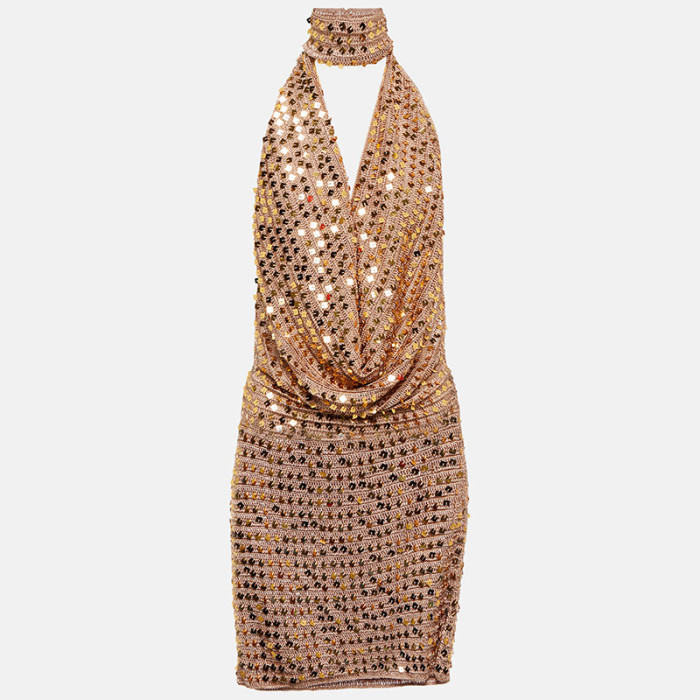 Sleek and Sensual V-Neck Backless Glitter Bodycon Dress