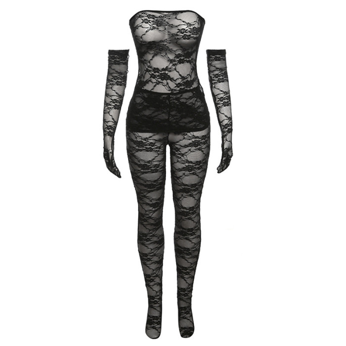 Seductive Lace Strapless Top and High-Waisted Tight Leggings Set