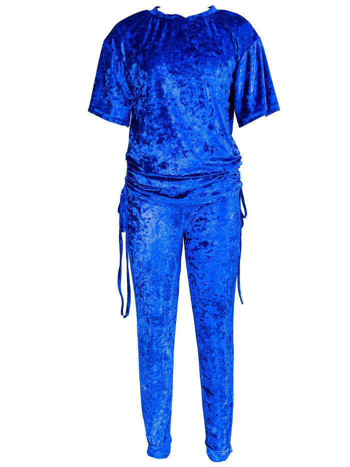 Embossed Short Sleeve Pleated Drawstring Jogging Suit Set