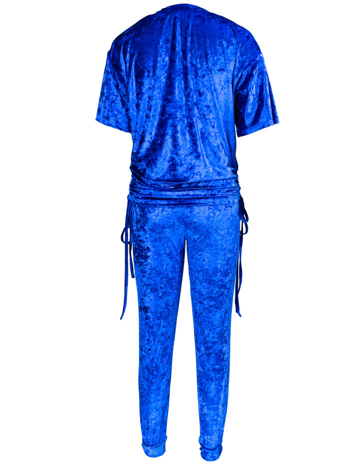 Embossed Short Sleeve Pleated Drawstring Jogging Suit Set