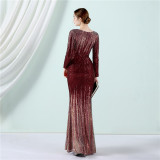 Gradient Sequin Long Sleeve Evening Gown