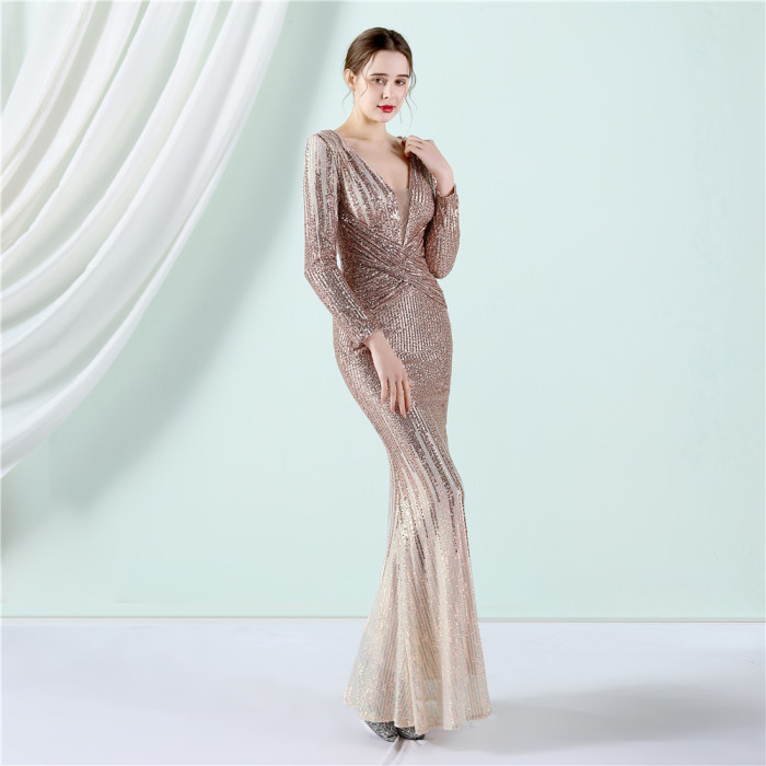 Gradient Sequin Long Sleeve Evening Gown
