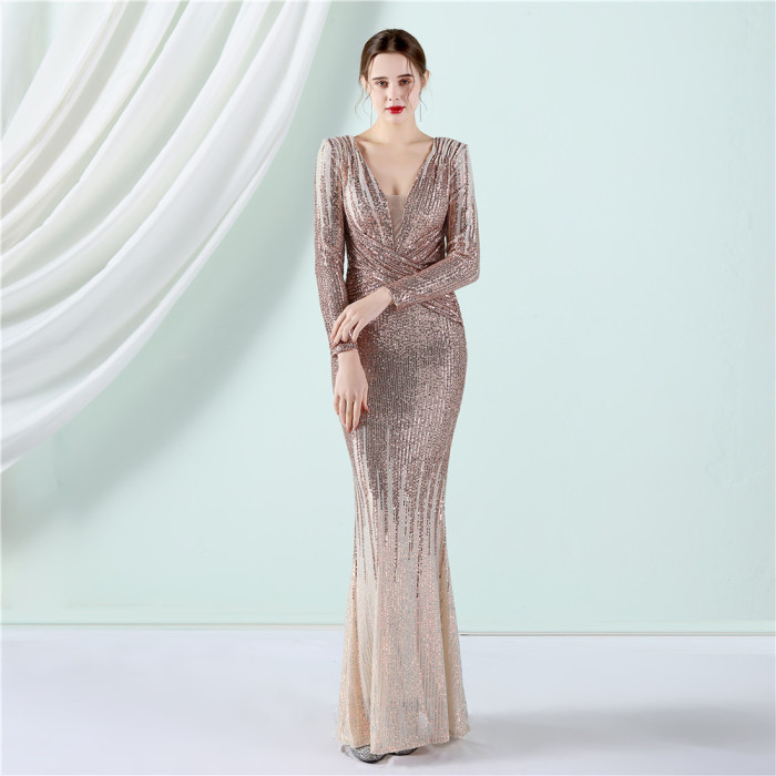 Gradient Sequin Long Sleeve Evening Gown