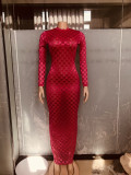 Elegant Western-Style Grid Round Neck Slim Fit Maxi Dress